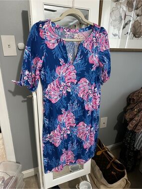 Lilly Pulitzer Blue Shift Dress with Pink Floral Print